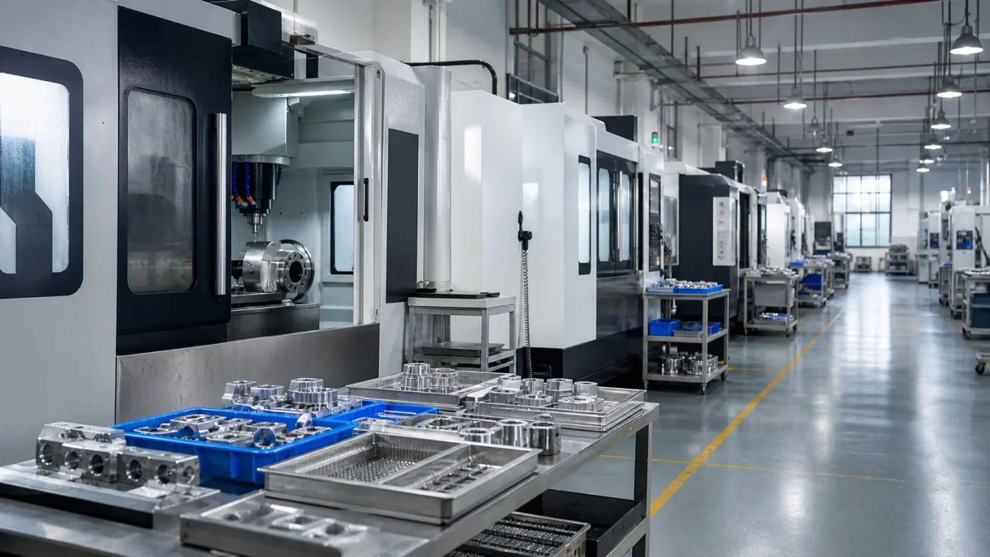 深圳精密零件加工厂 CNC 生产线场景示意图